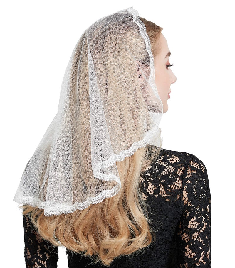 Leimandy Mantilla Veils CatholicChurch Veil Lace Head Cover for Women V76 (Dots-Ivory) - Image 1